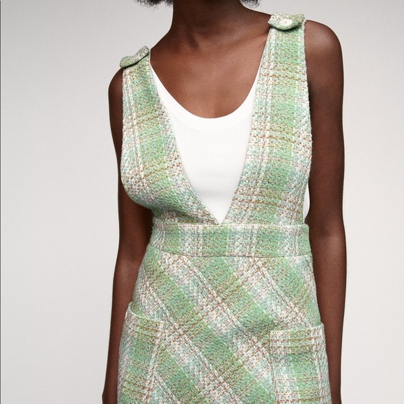 New Zara Textured Mini Dress XS Green White Overalls - Picture 8 of 9